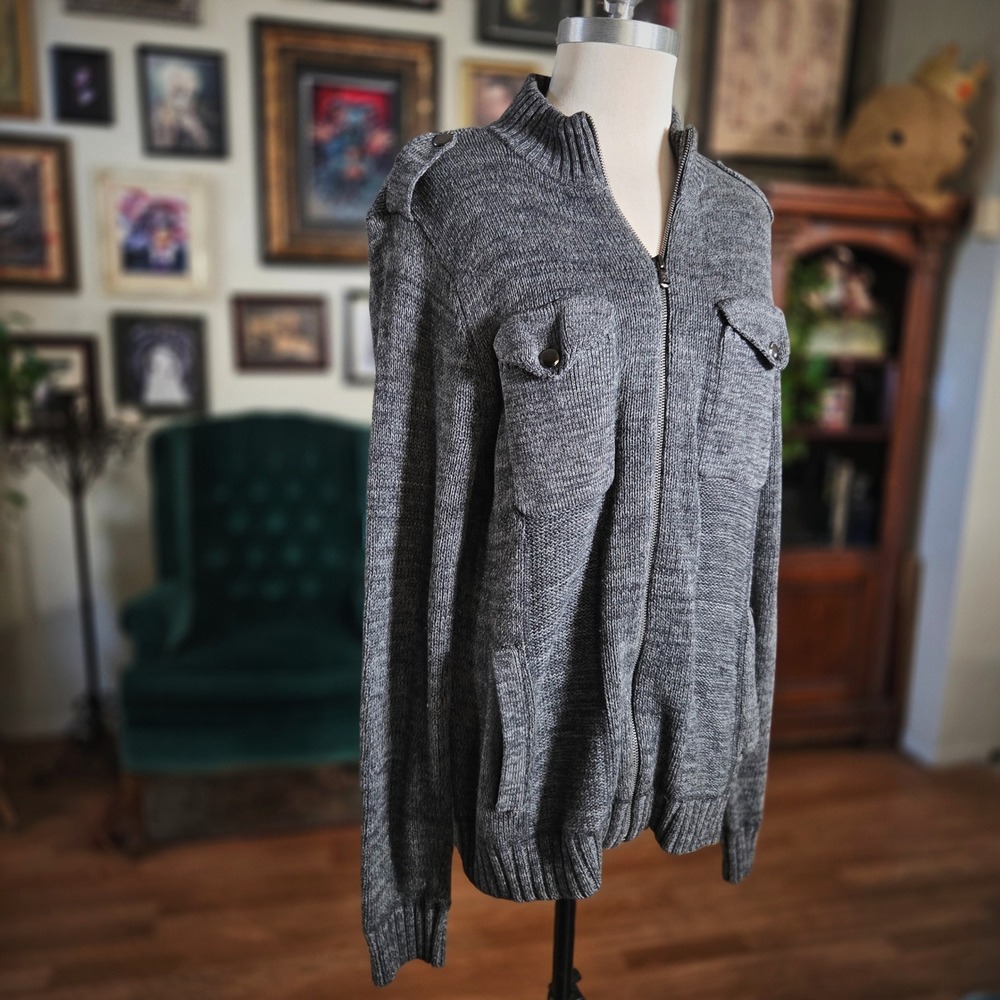 Rock & Republic‎ Mens Gray Zip Up Knit Sweater Jacket Military Style Pockets